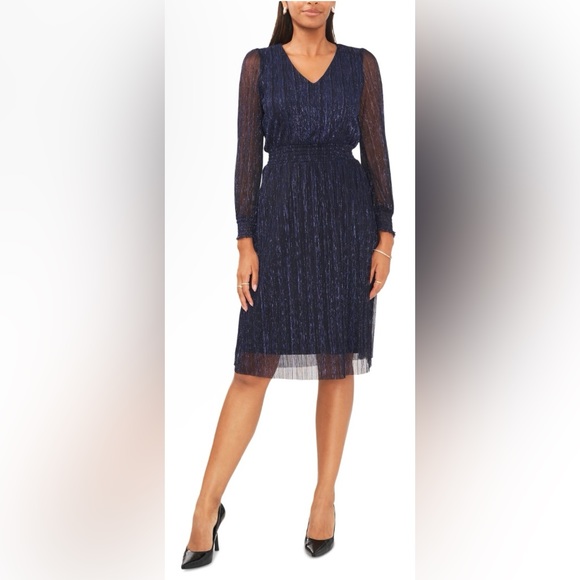 💙 NWT! Navy Shimmery Lurex Smocked Midi Dress - Picture 1 of 7